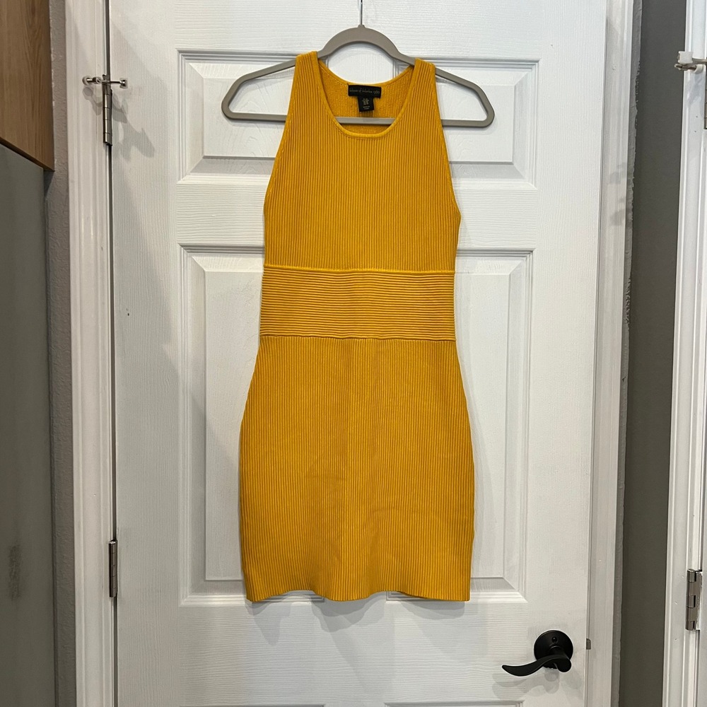 House of Harlow 1960 Mini Dress Rayon Knit Ribbed Mustard Yellow Bodycon M